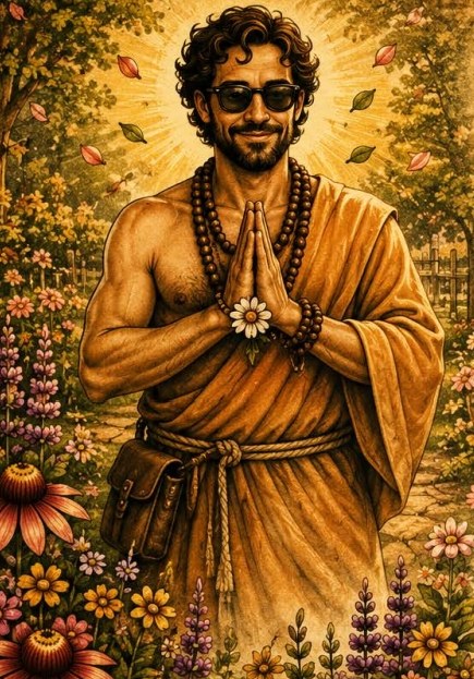 The Pushing Petals logo: a smiling gardener in sunglasses and an amber robe, hands pressed together around a daisy, standing in a garden of wildflowers.